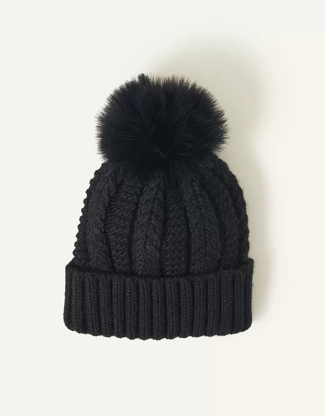 Accessories Faux Fur Pom-Pom Beanie Hat Black