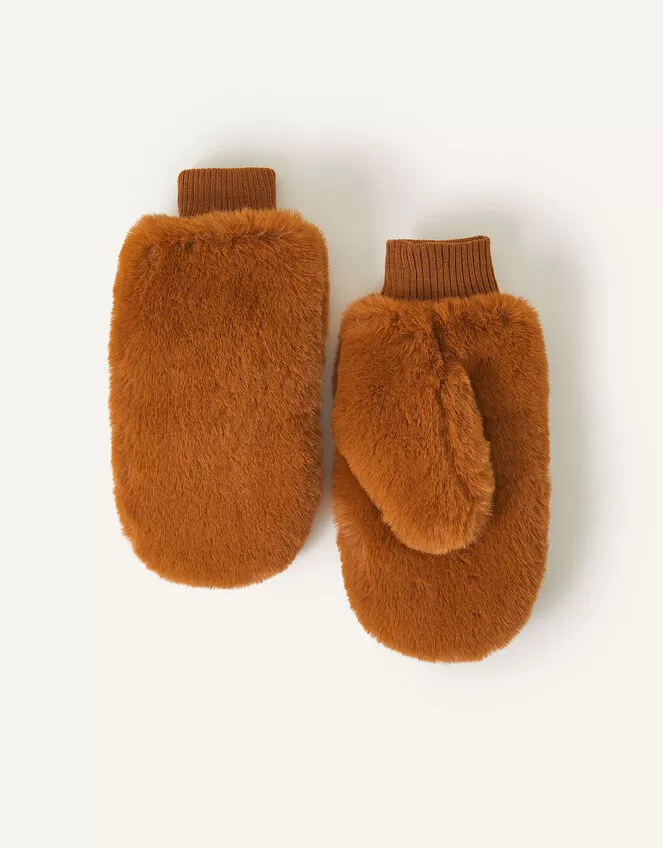 Accessories Faux Fur Mittens Brown
