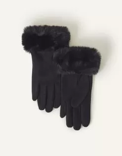 Accessories Suedette Faux Fur Cuff Gloves Black