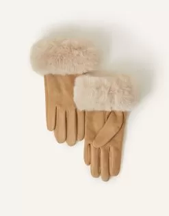 Accessories Suedette Faux Fur Cuff Gloves Natural