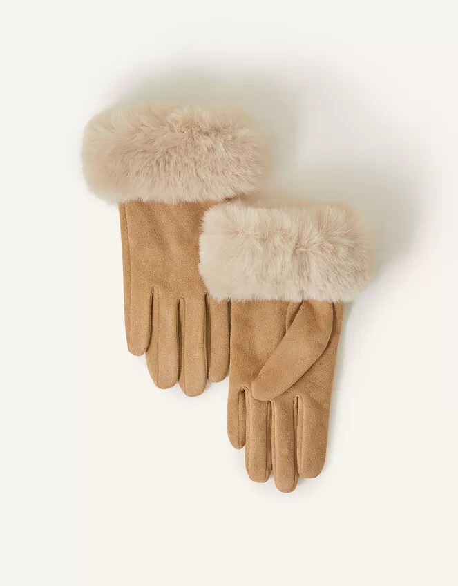 Accessories Suedette Faux Fur Cuff Gloves Natural