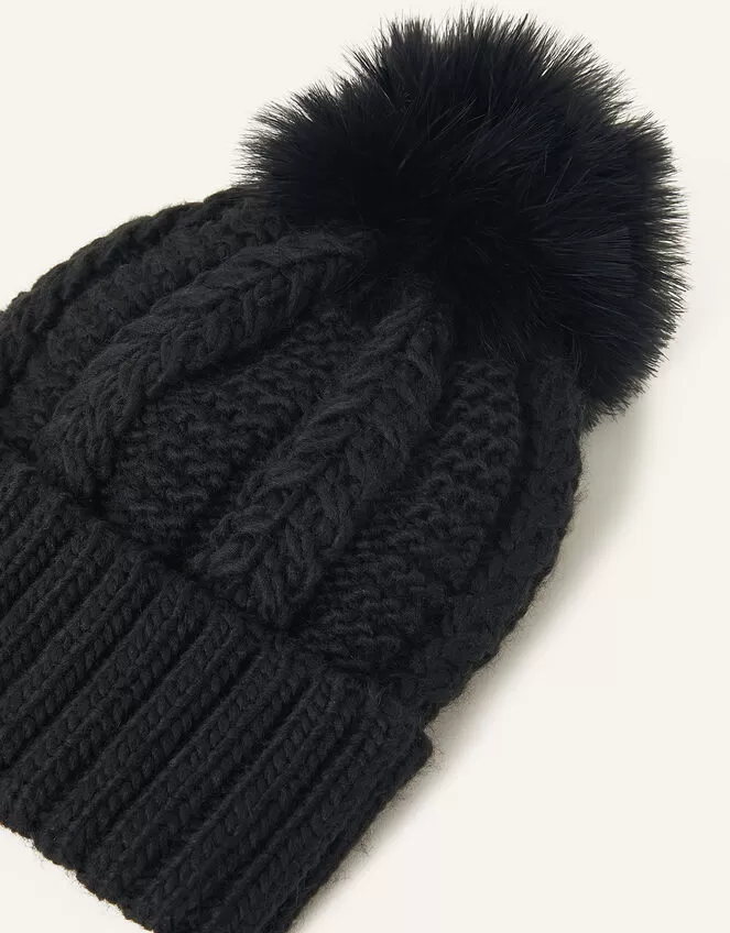 Accessories Faux Fur Pom-Pom Beanie Hat Black - Image 2