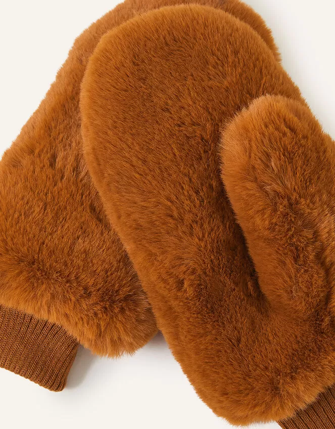 Accessories Faux Fur Mittens Brown - Image 2