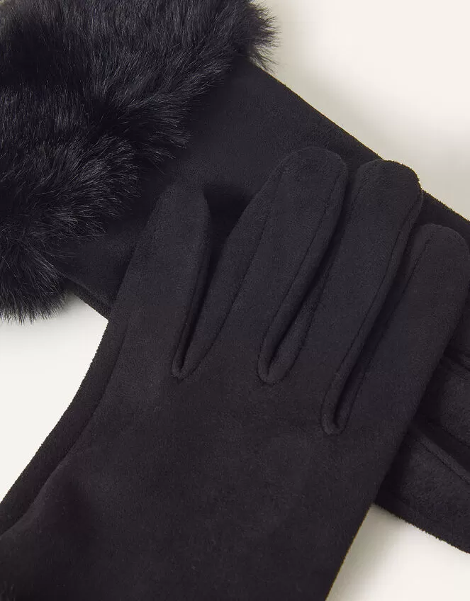 Accessories Suedette Faux Fur Cuff Gloves Black - Image 2