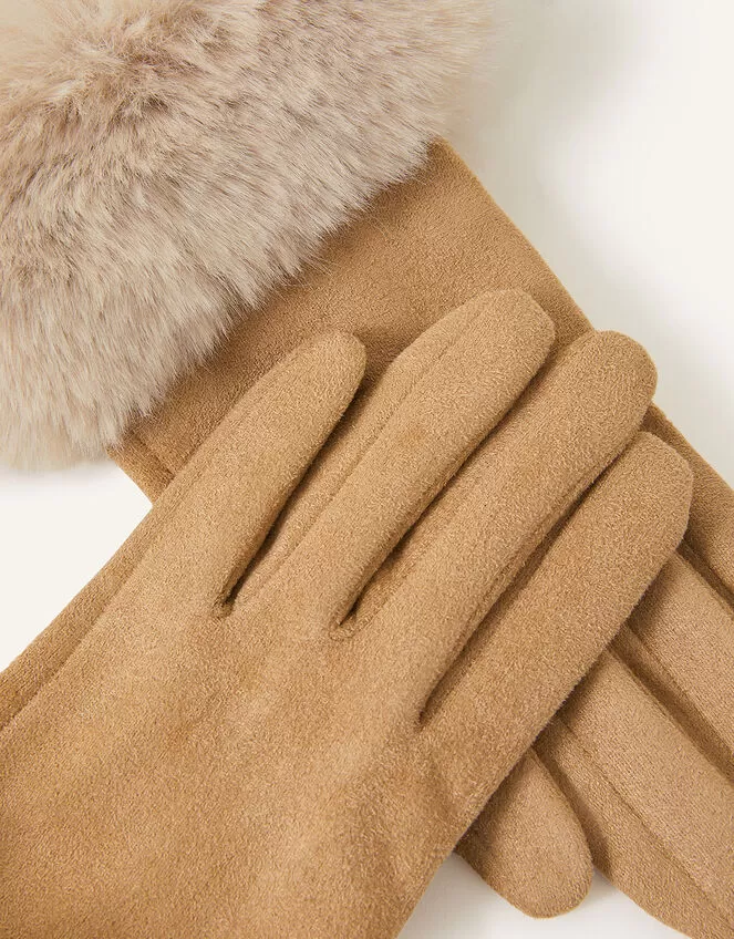 Accessories Suedette Faux Fur Cuff Gloves Natural - Image 2