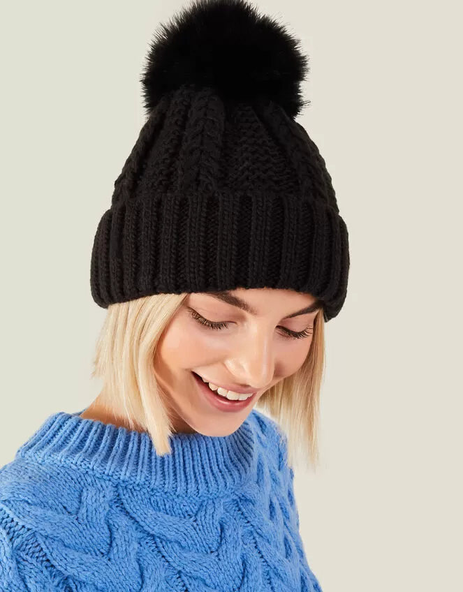 Accessories Faux Fur Pom-Pom Beanie Hat Black - Image 3